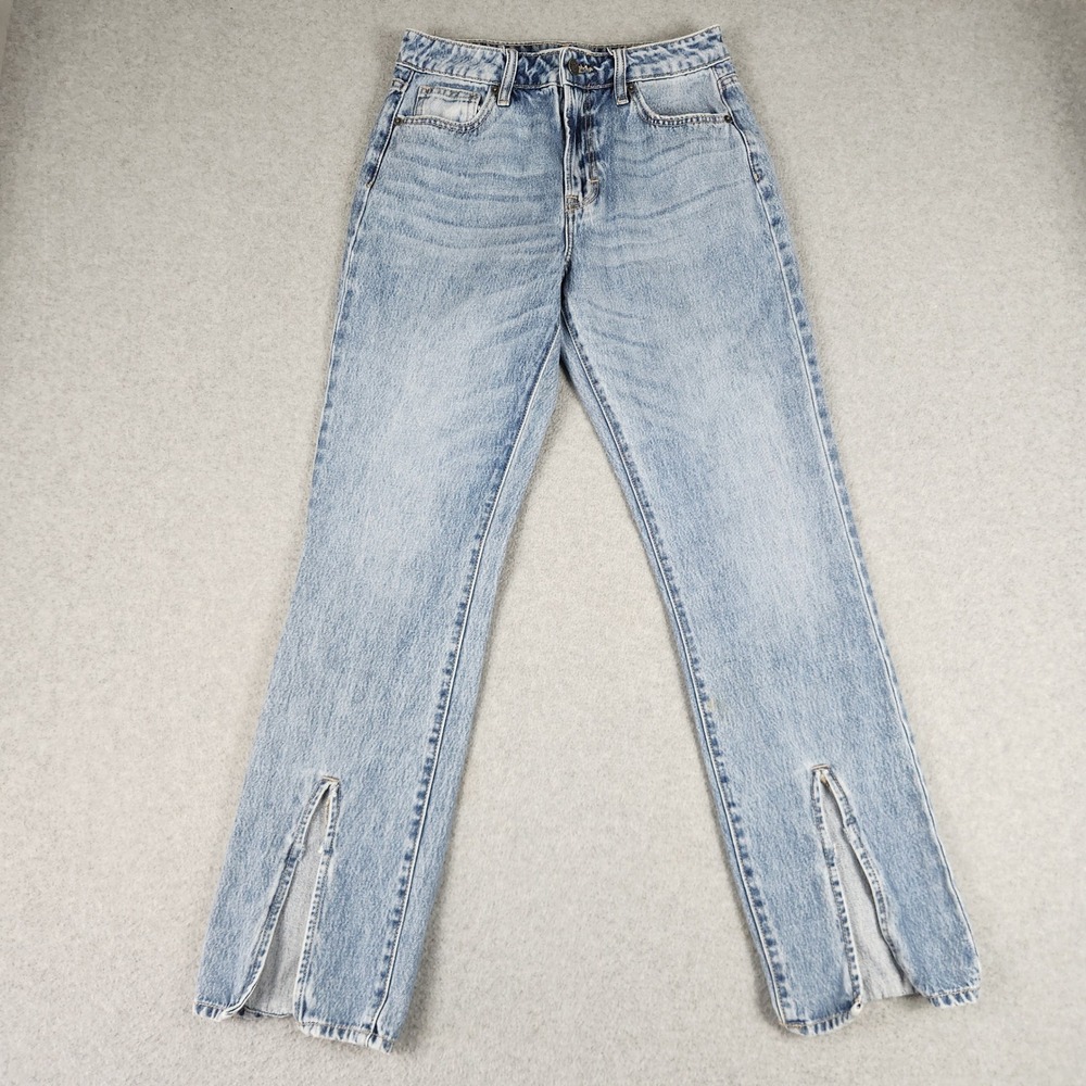 Light Wash Straight Leg Jeans with Front Hem Slits